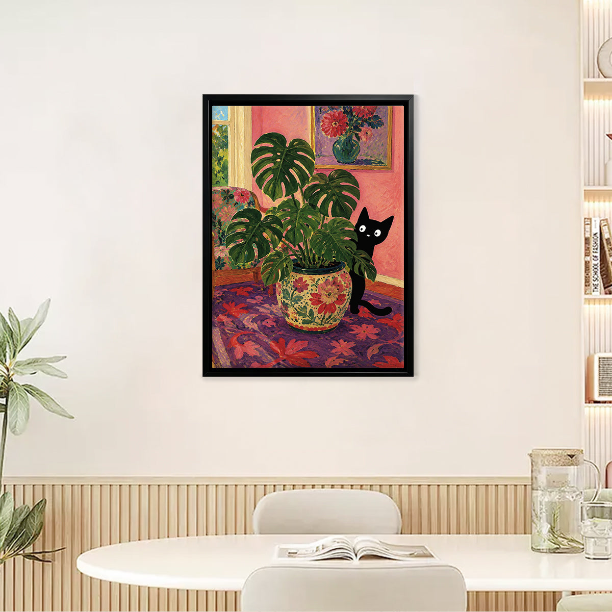 Framed Art Print of Black Cat with Monstera Plant in Floral Pot, Vintage Style Home Decor