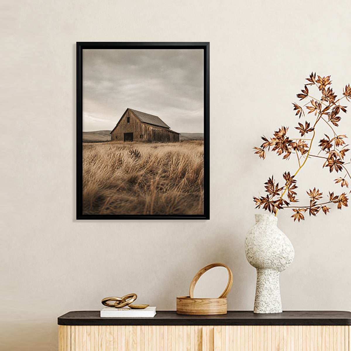 Framed Barn Landscape Art Print, Vintage Rustic Style, High-Quality Matte Finish, Perfect for Home Decor in Any Room