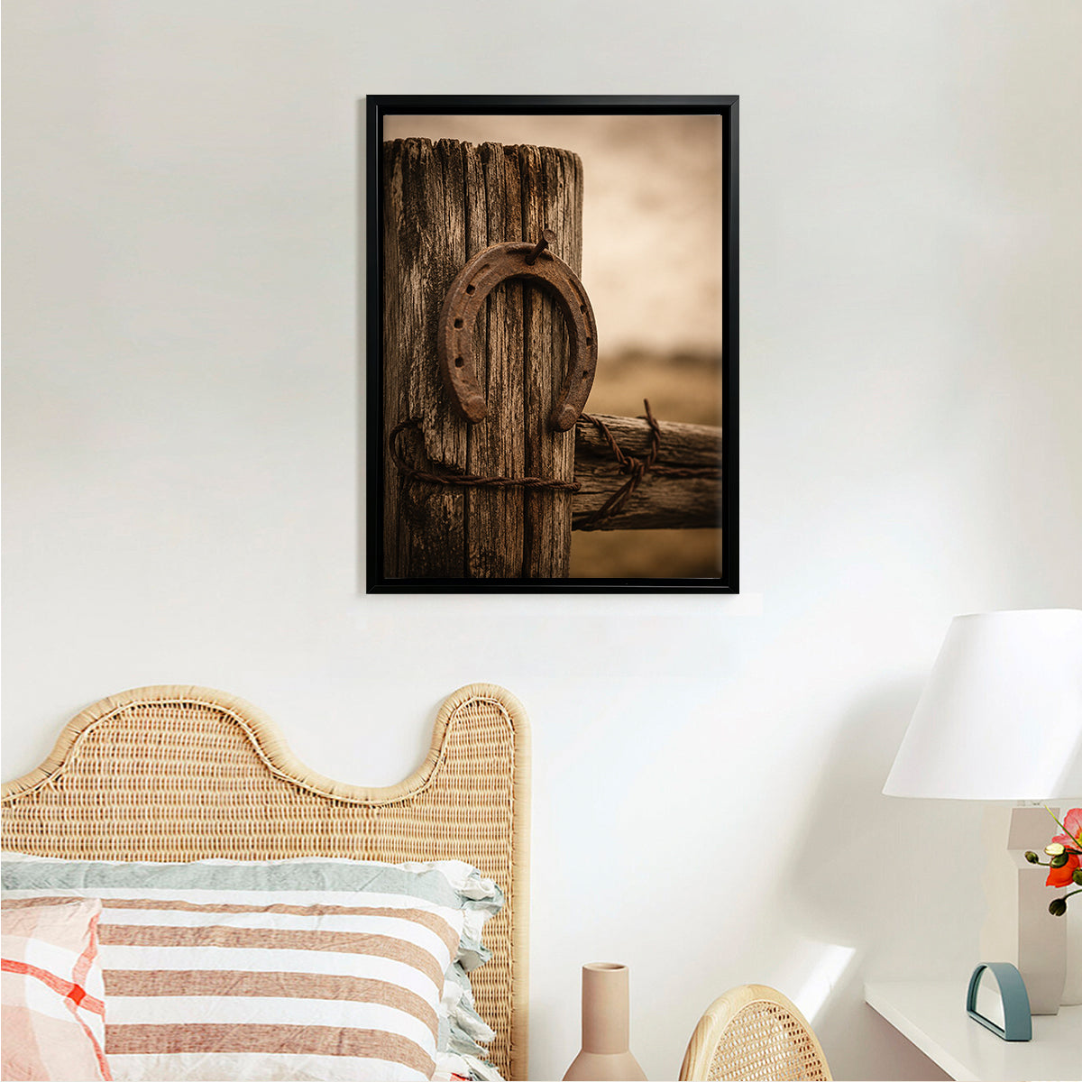 Framed Western Horseshoe Art Print, Rustic Wood Texture, Perfect Home Decor for Any Room