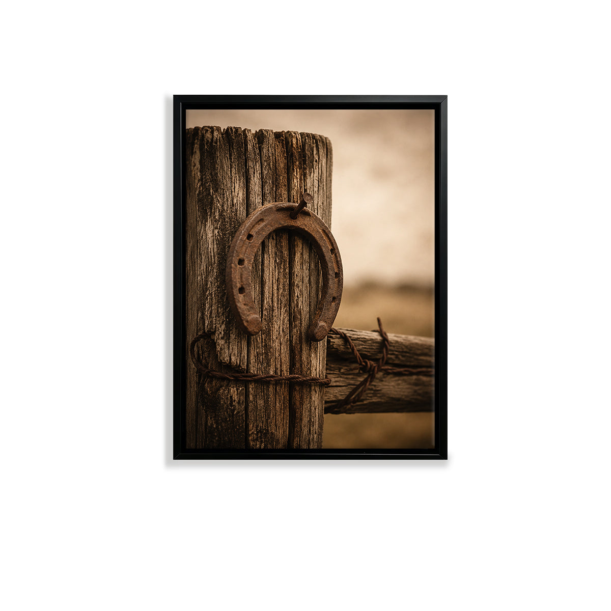 Framed Western Horseshoe Art Print, Rustic Wood Texture, Perfect Home Decor for Any Room