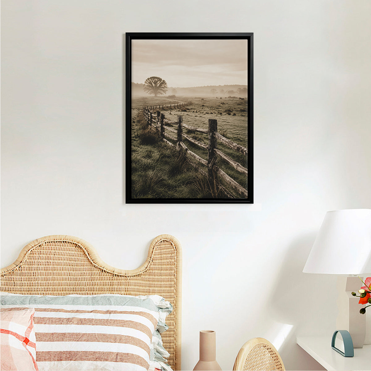 Framed Rural Landscape Art Print with Wooden Fence and Misty Meadow, Vintage Style