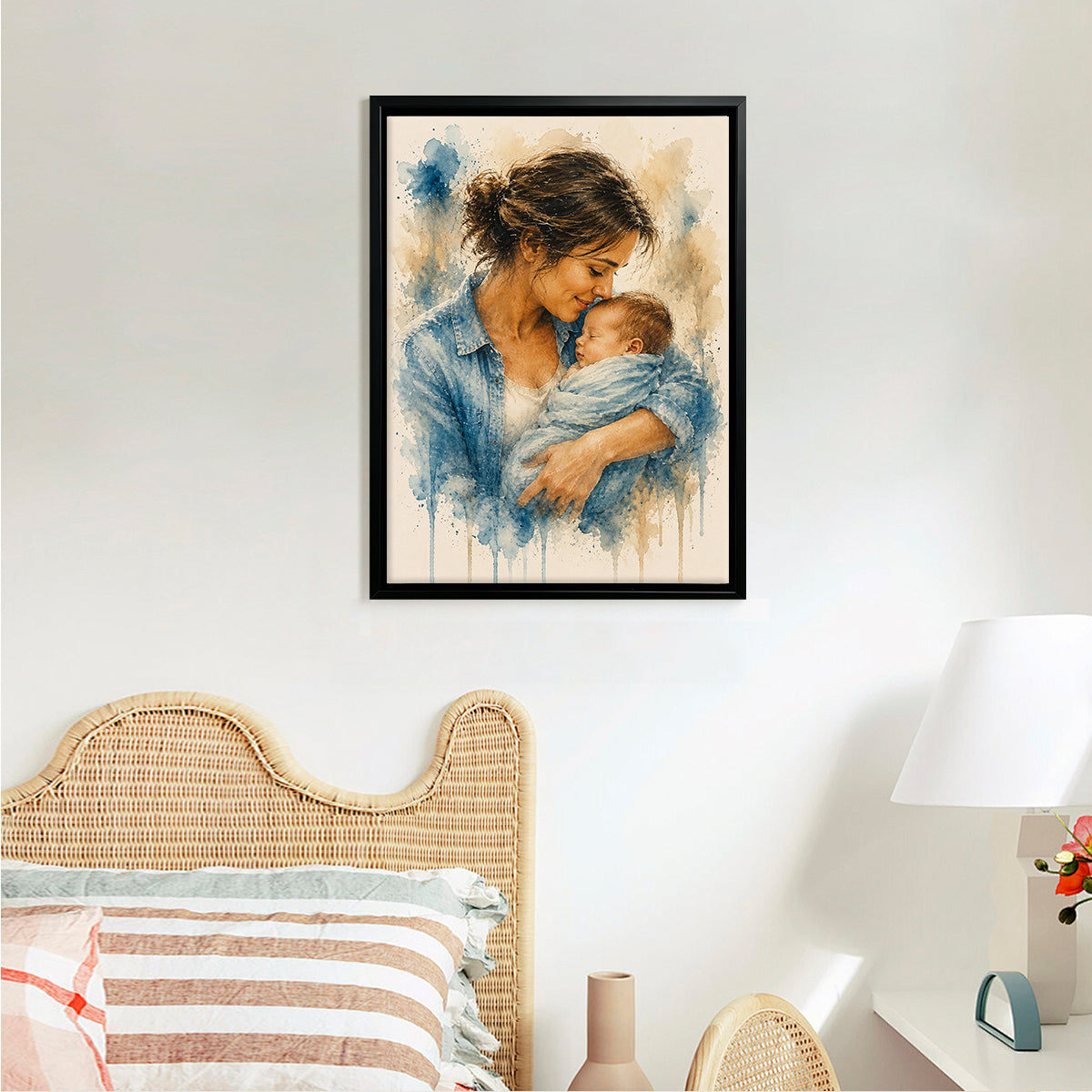 Framed Watercolor Art Print of Mother Holding Baby, Vintage Style Canvas for Home Decor, Perfect Gift for New Moms