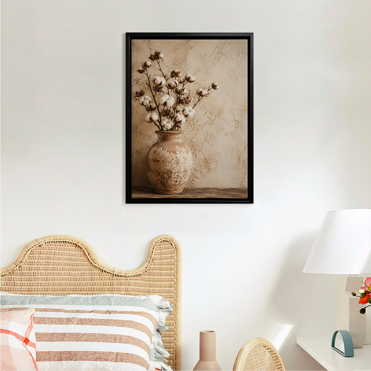 Framed Cotton Blossom Still Life Art Print, Vintage Style Ceramic Vase, Home Decor for Living Room or Bedroom