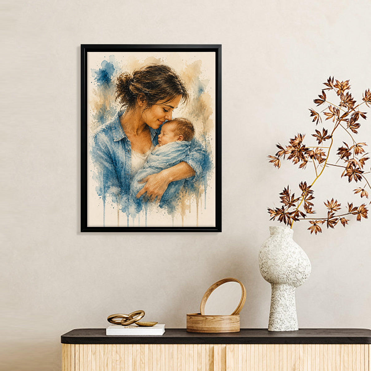 Framed Watercolor Art Print of Mother Holding Baby, Vintage Style Canvas for Home Decor, Perfect Gift for New Moms