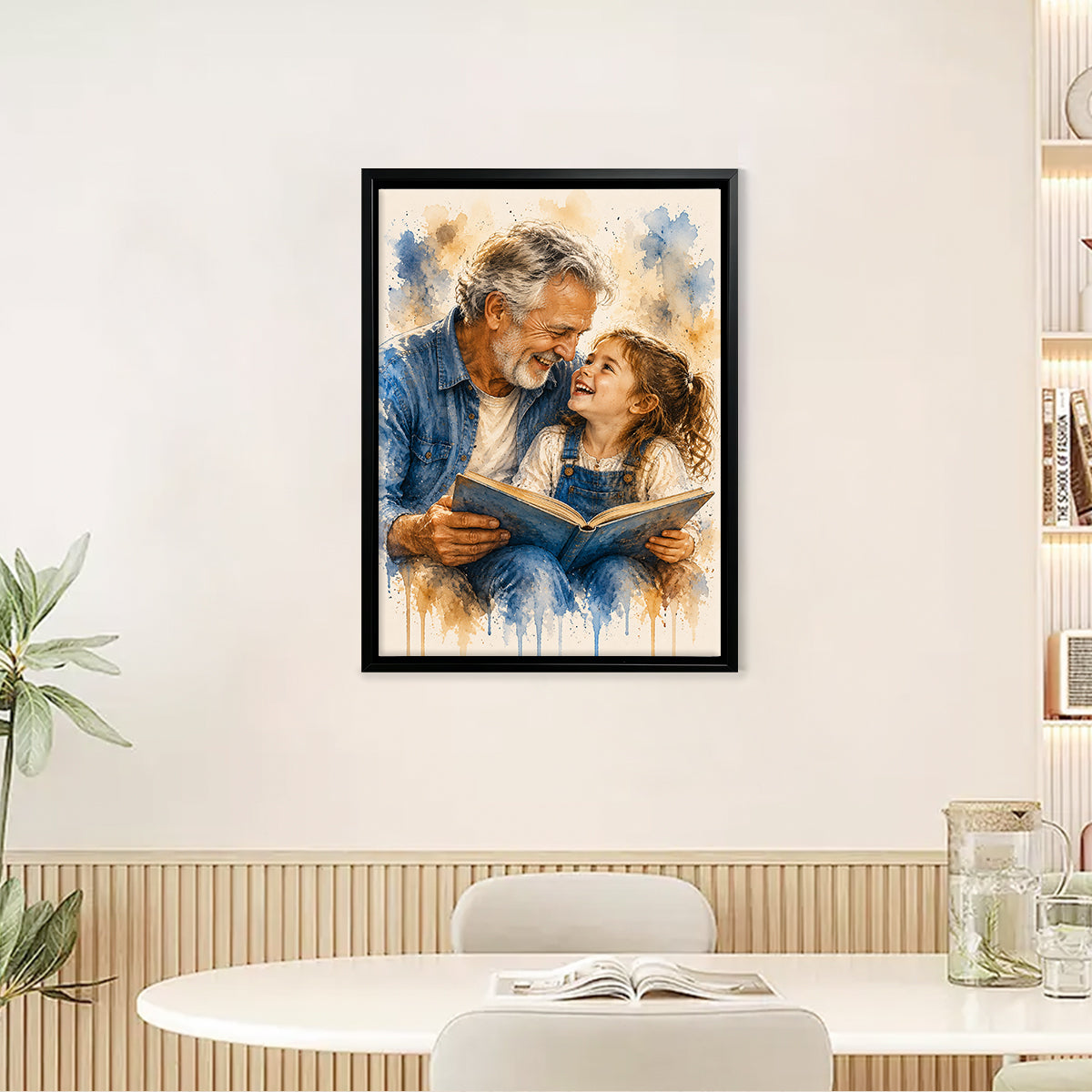 Framed Watercolor Art Print of Grandfather and Granddaughter Reading Together, Perfect Home Decor or Gift