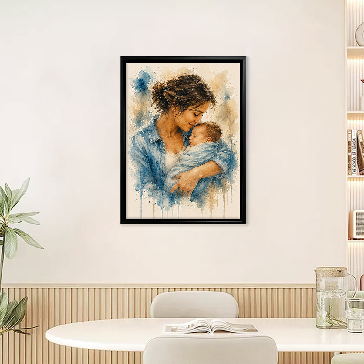 Framed Watercolor Art Print of Mother Holding Baby, Vintage Style Canvas for Home Decor, Perfect Gift for New Moms