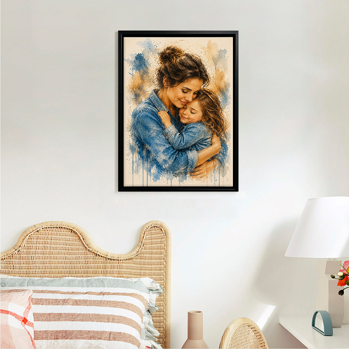 Framed Watercolor Portrait of Mother and Child, Vintage Style, High-Quality Print, Perfect Home Decor or Gift for Mom