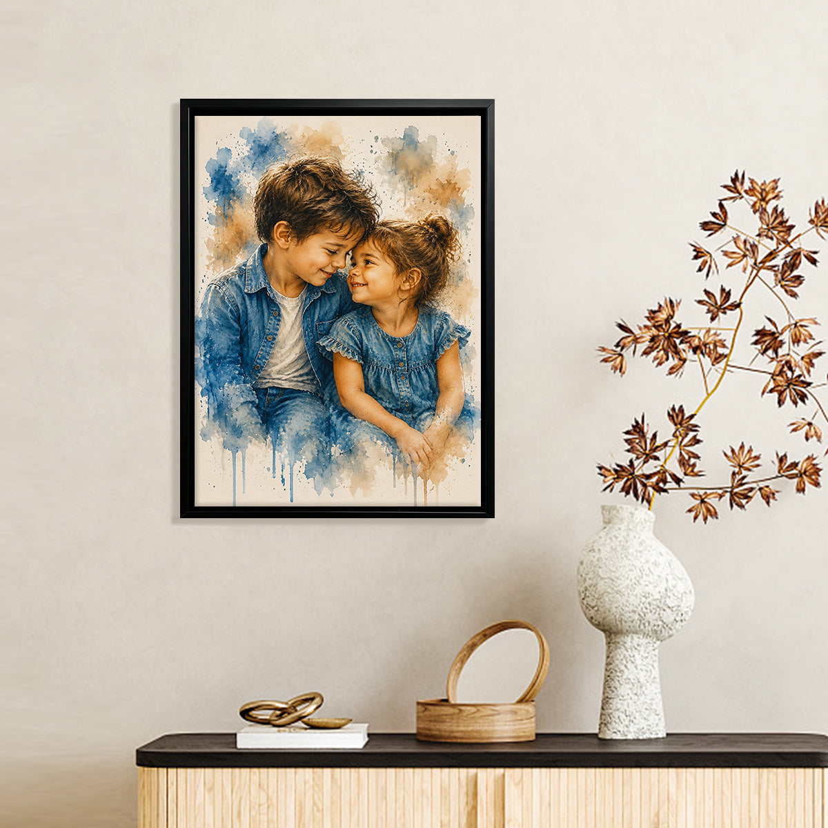 Framed Watercolor Portrait of Two Children in Denim, Artistic Home Decor for Living Room or Bedroom