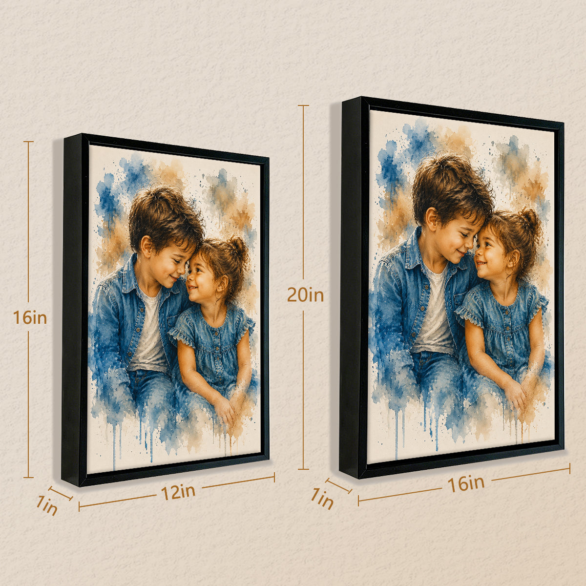 Framed Watercolor Portrait of Two Children in Denim, Artistic Home Decor for Living Room or Bedroom