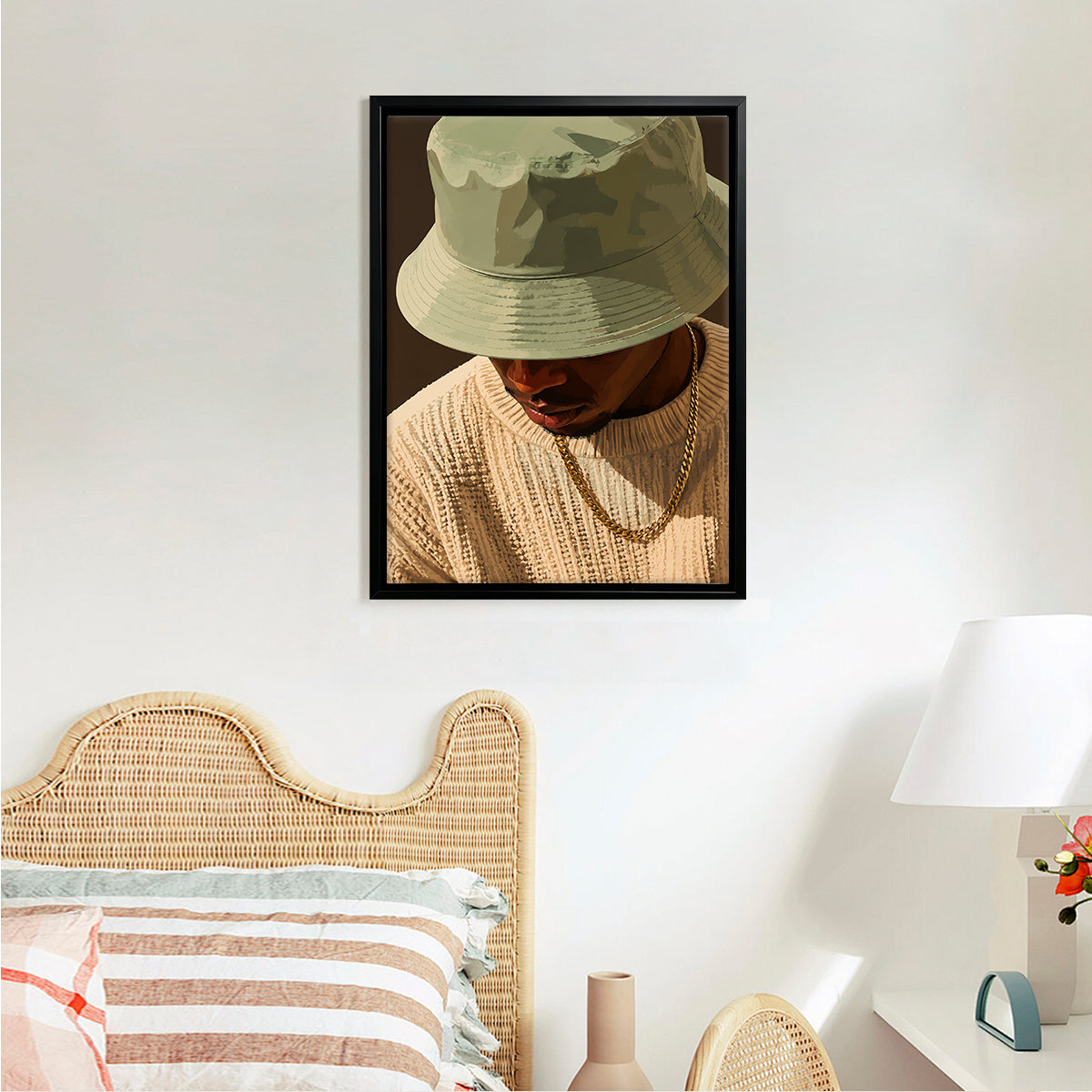 Framed Art Print of a Man in a Bucket Hat and Sweater, Modern Urban Style, High-Quality Matte Finish