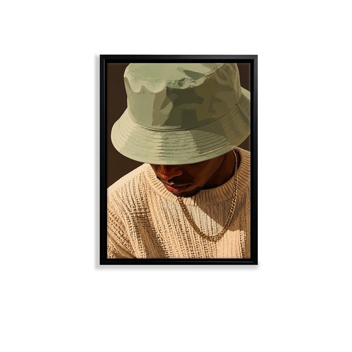 Framed Art Print of a Man in a Bucket Hat and Sweater, Modern Urban Style, High-Quality Matte Finish