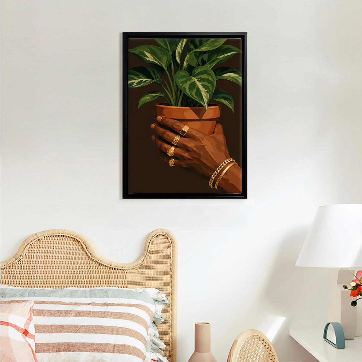 Framed Art Print of Hands Holding a Potted Plant with Gold Jewelry, Modern Home Decor