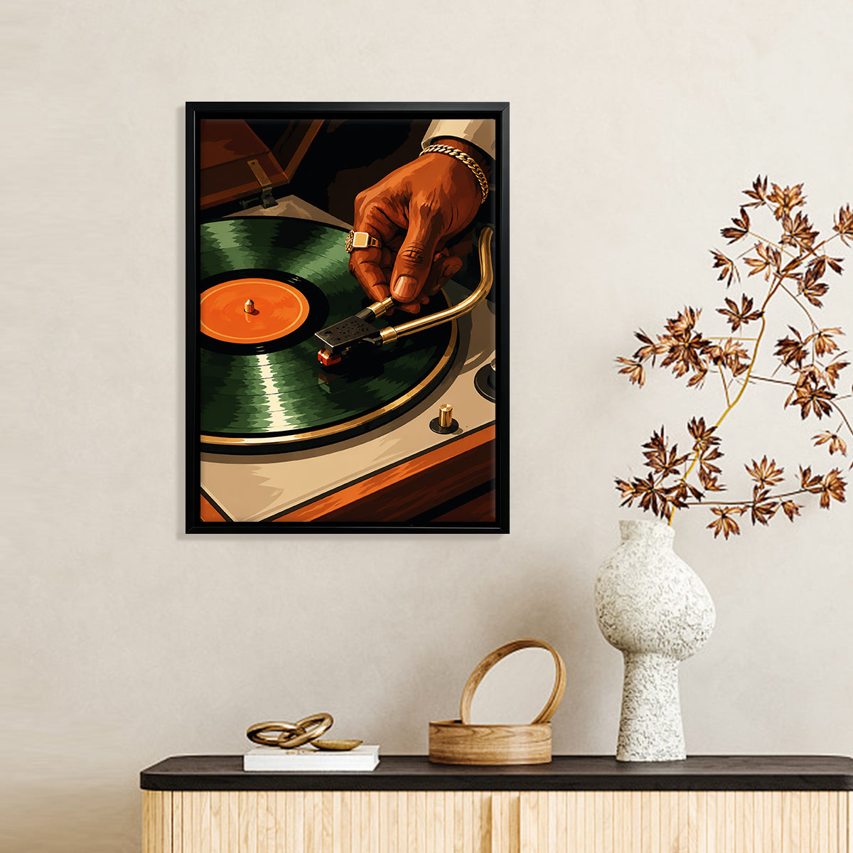 Framed Vinyl Record Art Print, Retro DJ Turntable Scene, High-Quality Canvas, Perfect Home Decor for Music Lovers