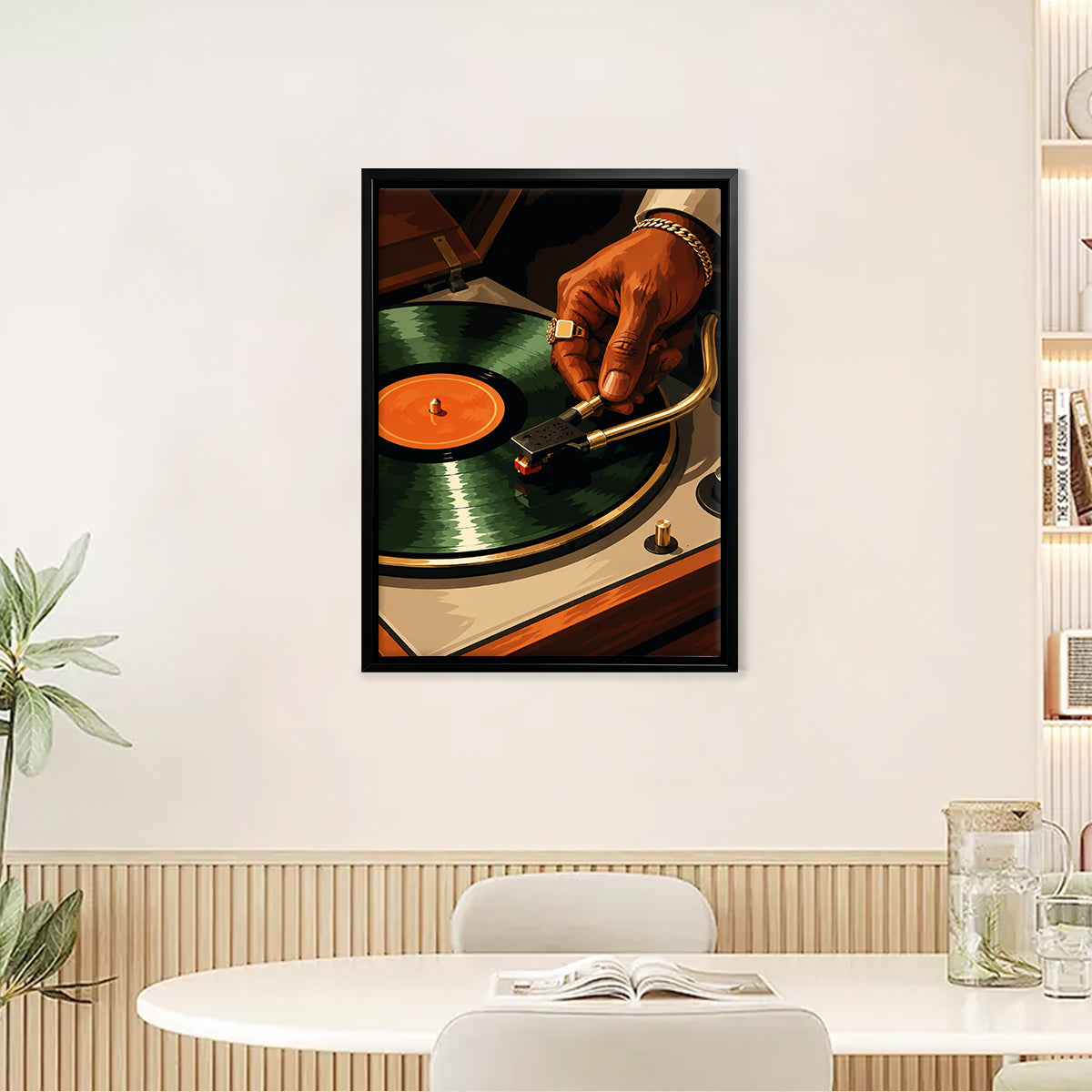 Framed Vinyl Record Art Print, Retro DJ Turntable Scene, High-Quality Canvas, Perfect Home Decor for Music Lovers