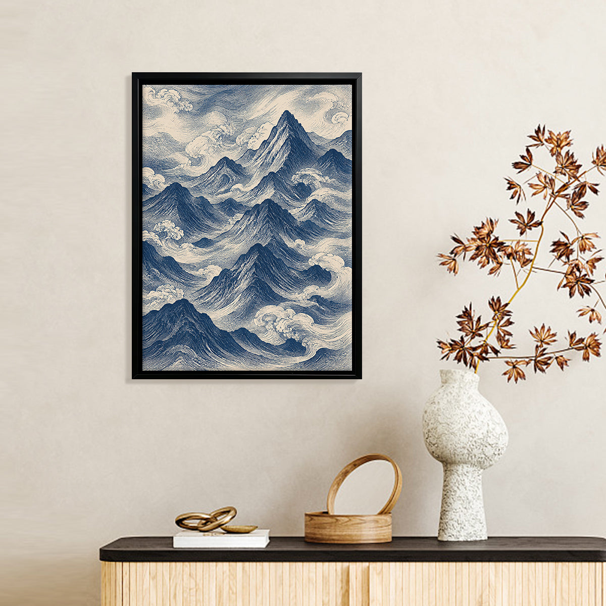 Framed Mountain Waves Art Print, Vintage Style, High-Quality Paper, Perfect for Home or Office Decor
