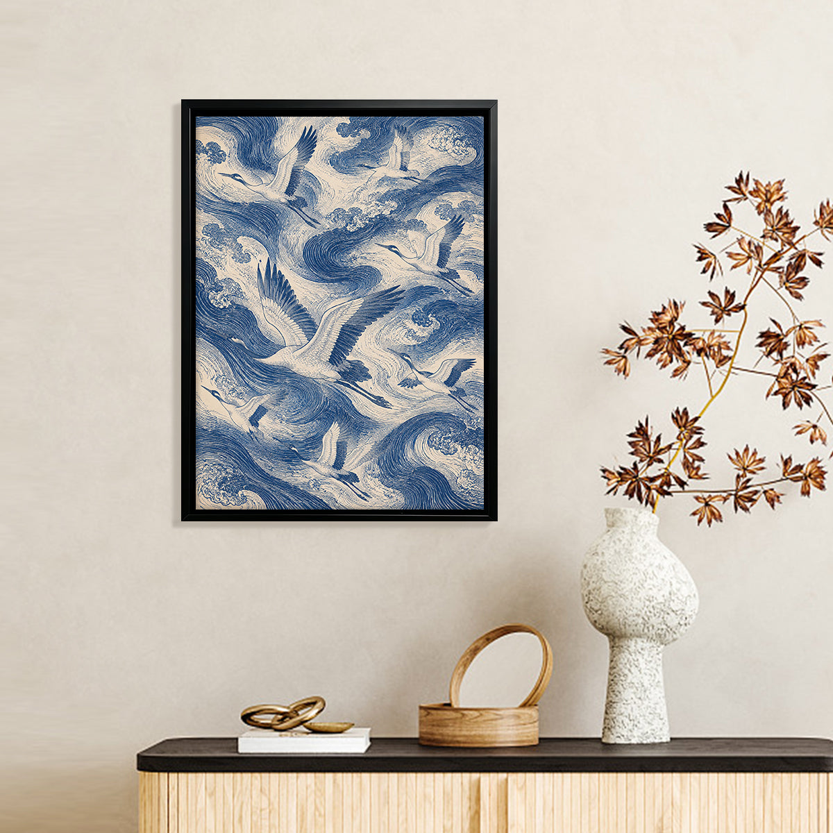 Framed Oriental Crane and Wave Art Print, Vintage Blue & White Style, Perfect Home Decor for Living Room or Office