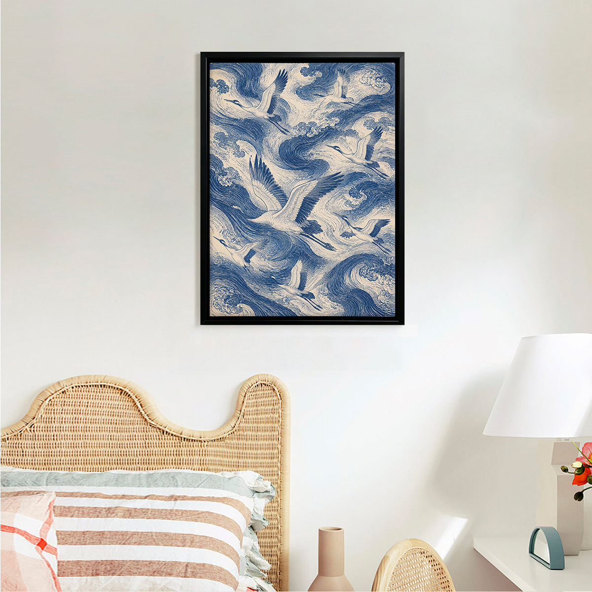Framed Oriental Crane and Wave Art Print, Vintage Blue & White Style, Perfect Home Decor for Living Room or Office