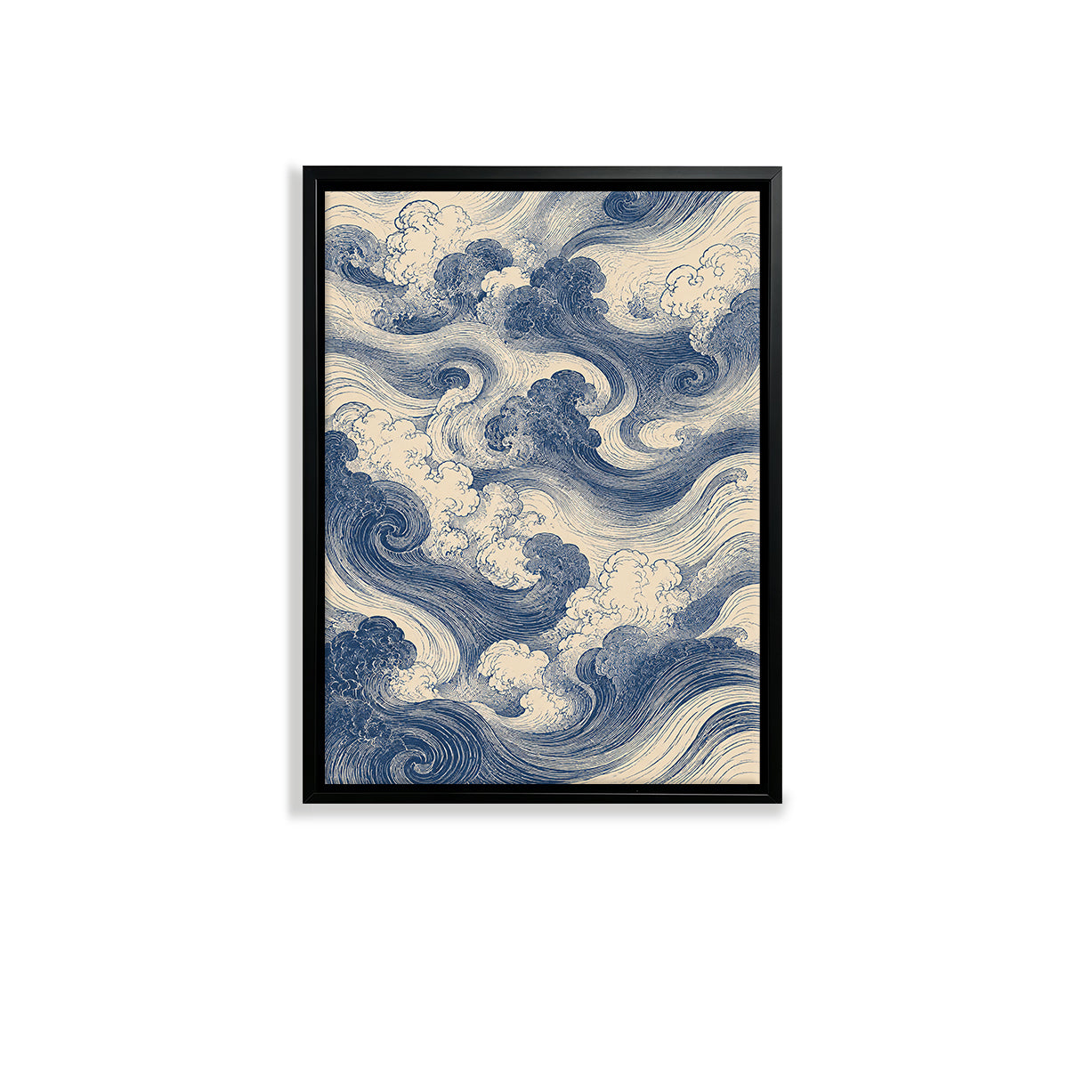 Framed Ocean Waves Art Print in Blue and Cream, Japanese Style, Perfect for Home Decor or Gift