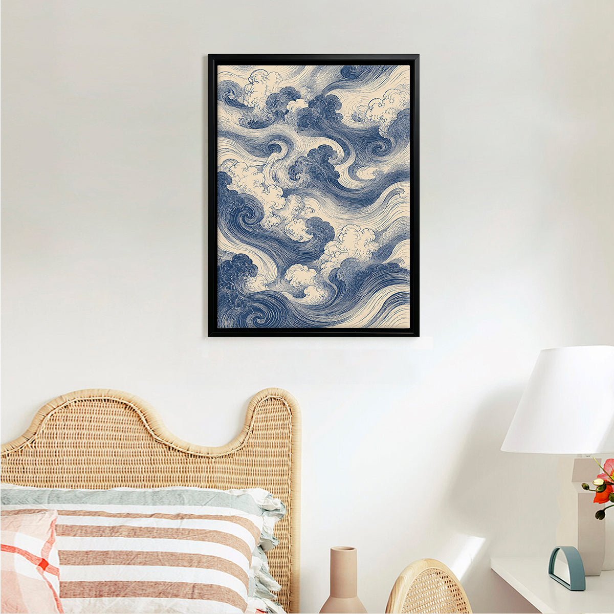 Framed Ocean Waves Art Print in Blue and Cream, Japanese Style, Perfect for Home Decor or Gift