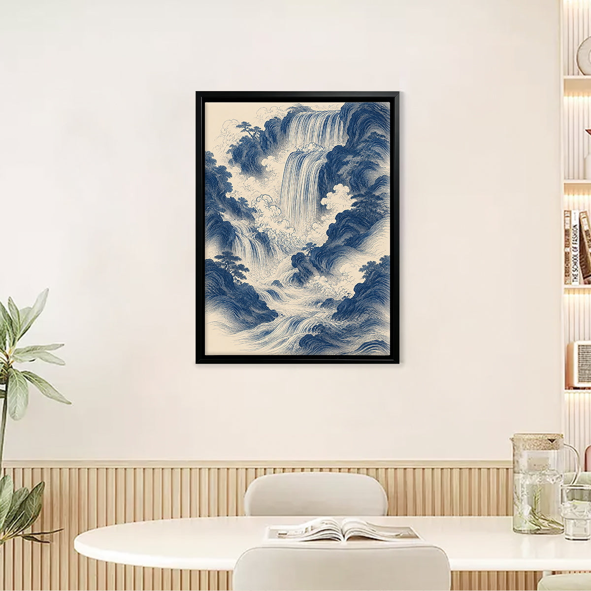 Framed Waterfall Landscape Art Print in Blue and White, Vintage Style, Perfect for Home Decor or Gift