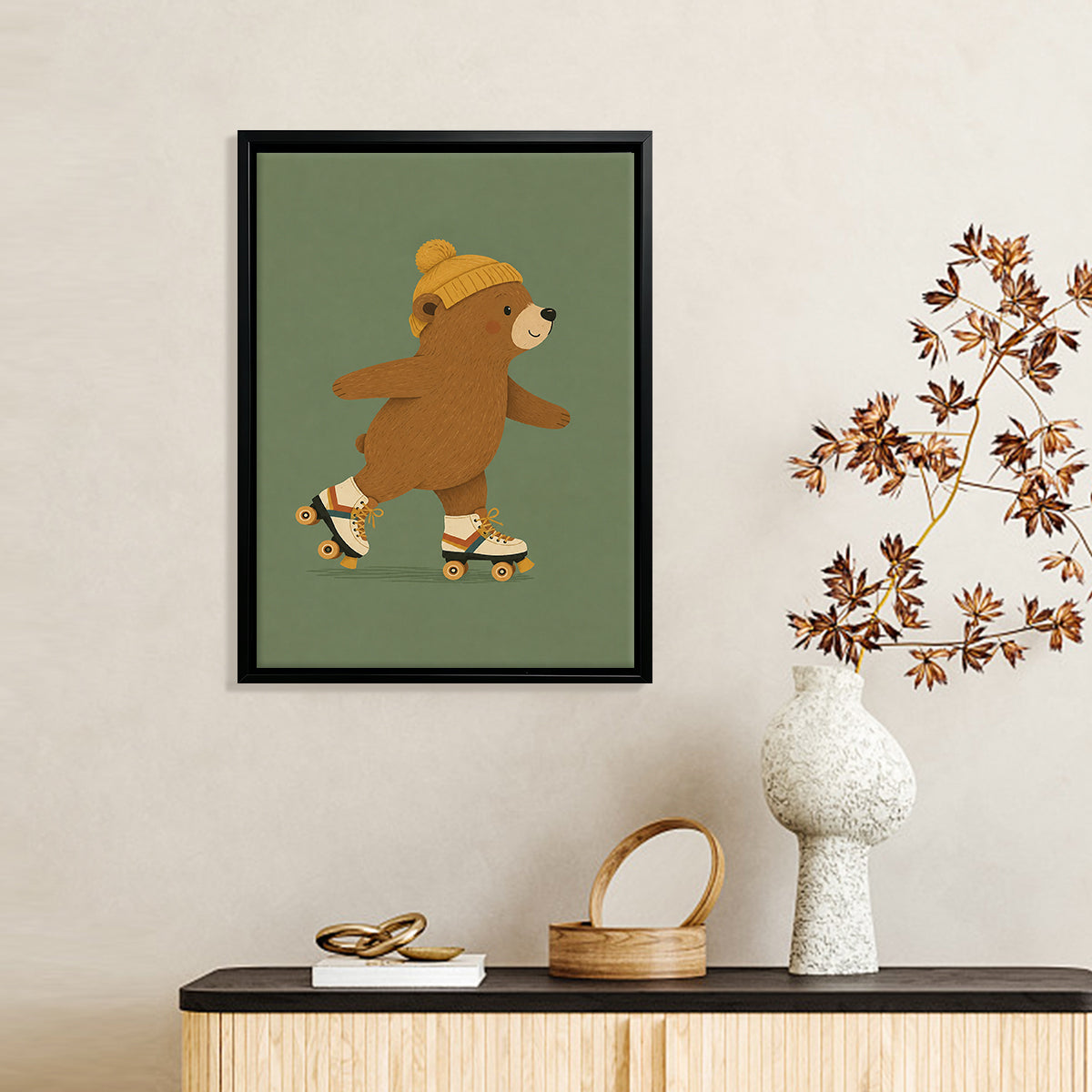 Framed Art Print of a Cute Bear Roller Skating, Vintage Style, High-Quality Paper, Perfect for Home Decor in Any Room