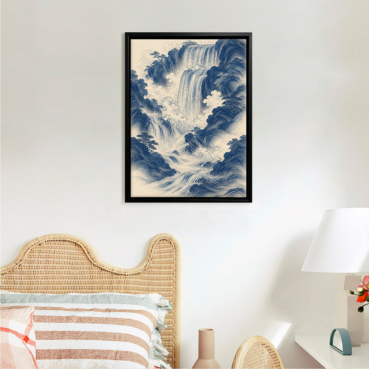 Framed Waterfall Landscape Art Print in Blue and White, Vintage Style, Perfect for Home Decor or Gift