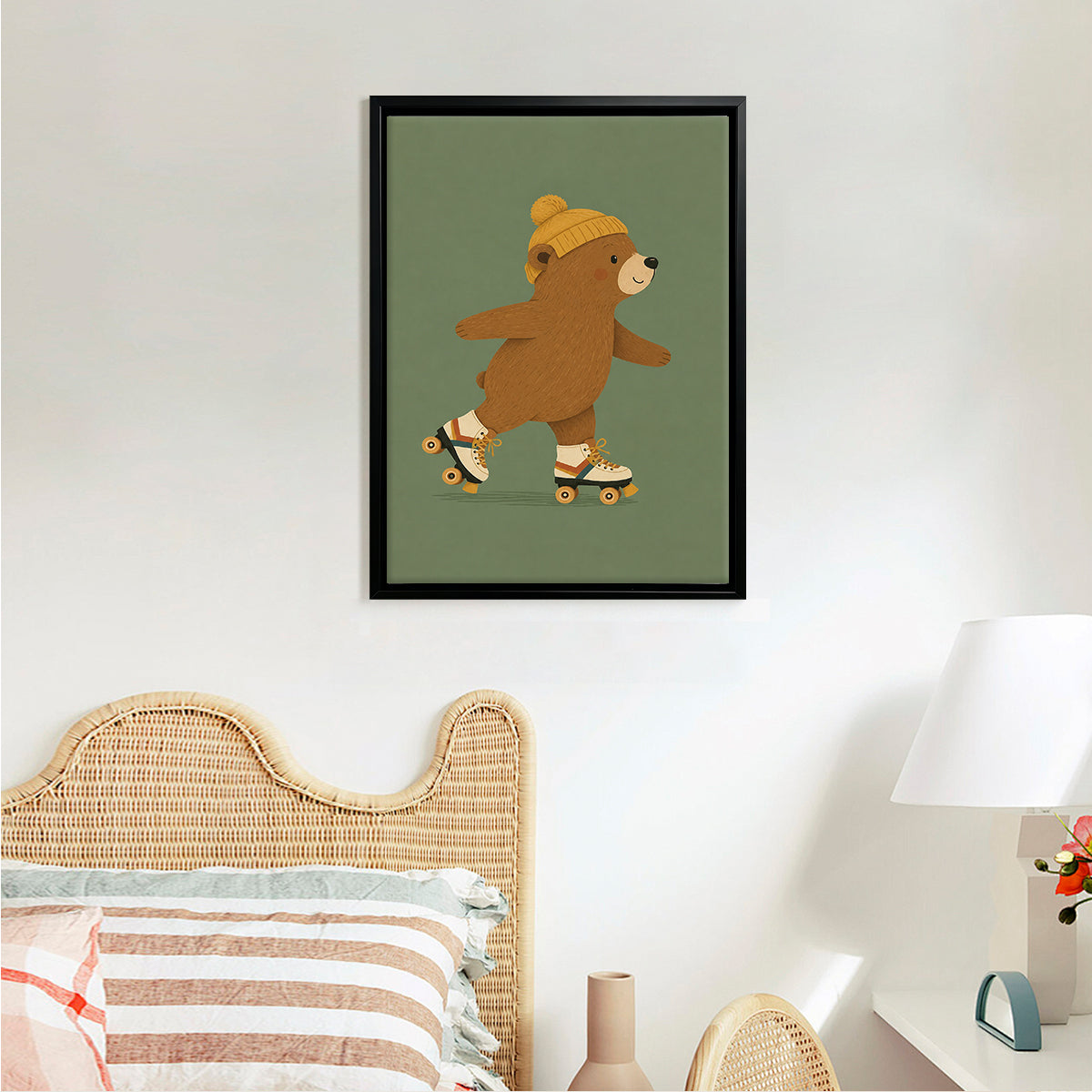 Framed Art Print of a Cute Bear Roller Skating, Vintage Style, High-Quality Paper, Perfect for Home Decor in Any Room