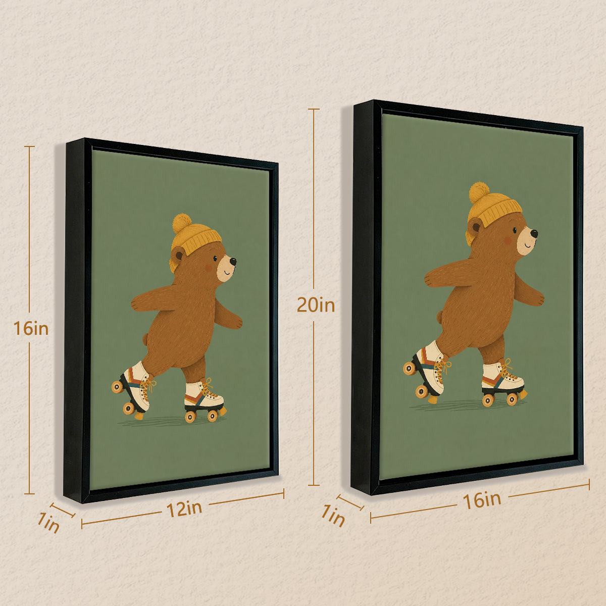 Framed Art Print of a Cute Bear Roller Skating, Vintage Style, High-Quality Paper, Perfect for Home Decor in Any Room