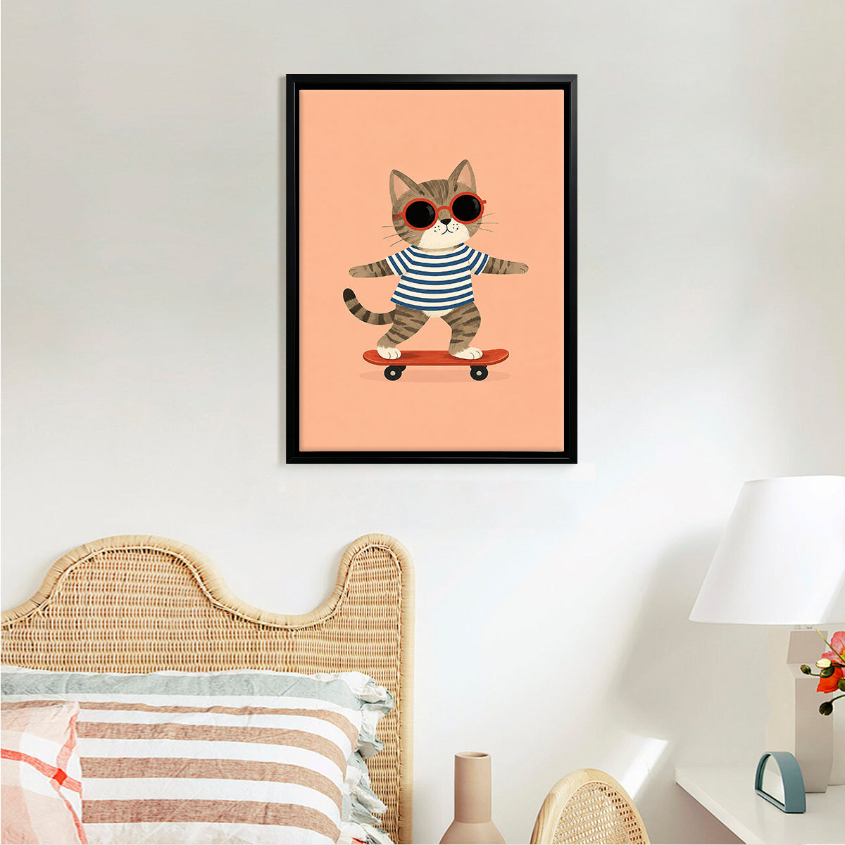 Framed Cat on Skateboard Art Print, Whimsical Design, High-Quality Matte Finish, Perfect Home Decor for Any Room