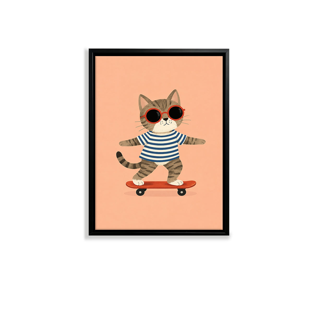 Framed Cat on Skateboard Art Print, Whimsical Design, High-Quality Matte Finish, Perfect Home Decor for Any Room