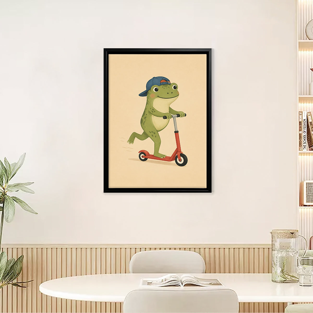 Framed Art Print of Frog on Scooter, Whimsical Illustration, High-Quality Matte Finish, Perfect for Home Decor in California