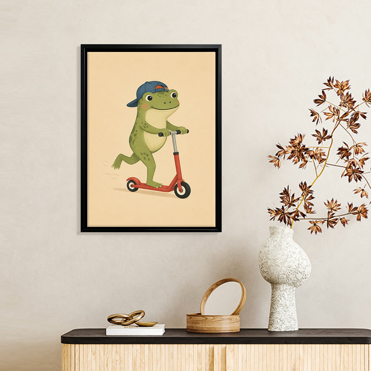 Framed Art Print of Frog on Scooter, Whimsical Illustration, High-Quality Matte Finish, Perfect for Home Decor in California