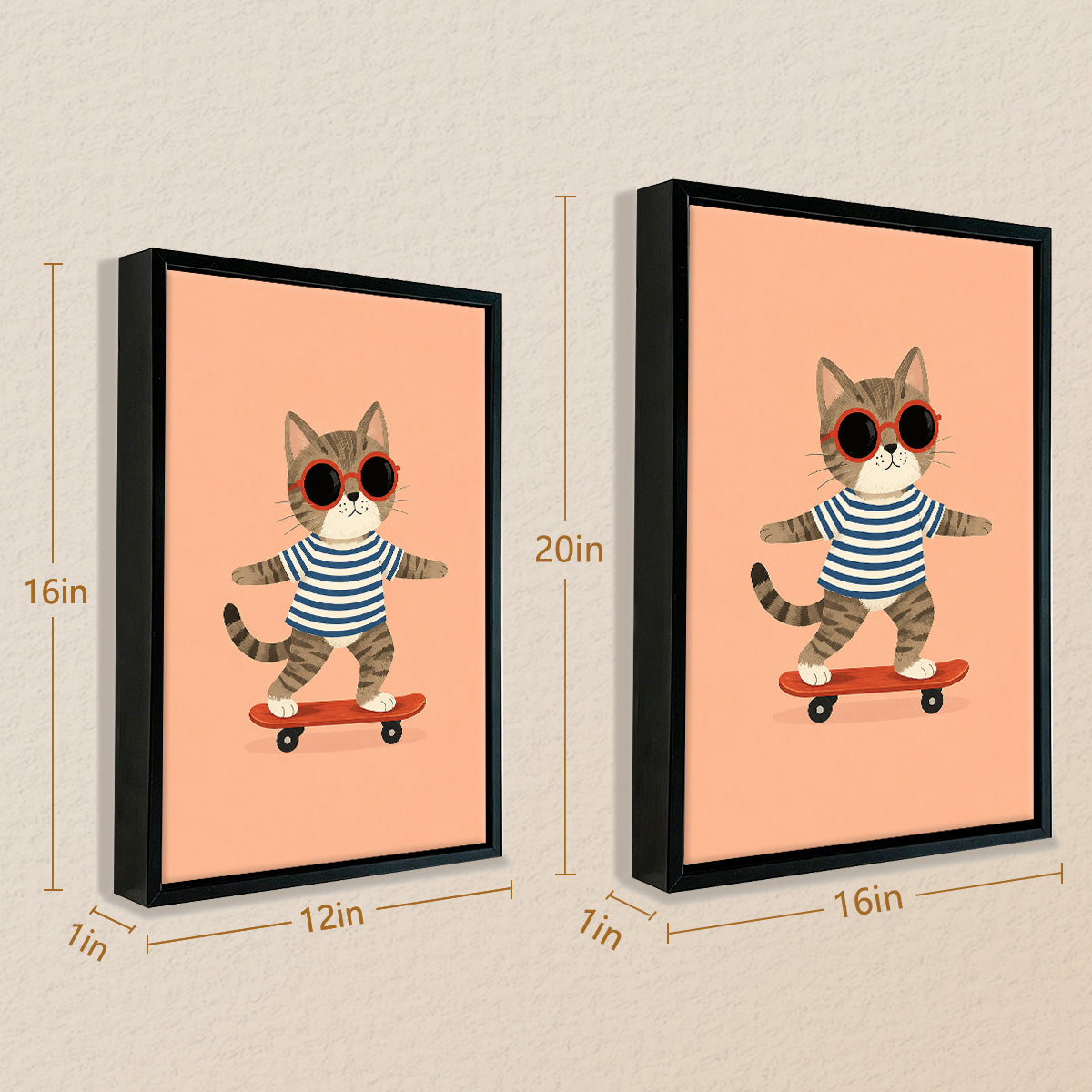Framed Cat on Skateboard Art Print, Whimsical Design, High-Quality Matte Finish, Perfect Home Decor for Any Room