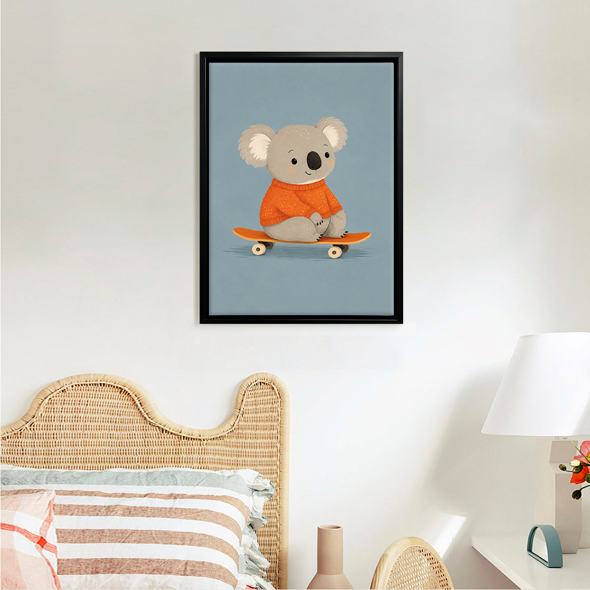 Framed Art Print of a Cute Koala in an Orange Sweater Riding a Skateboard, Perfect for Nursery or Home Decor