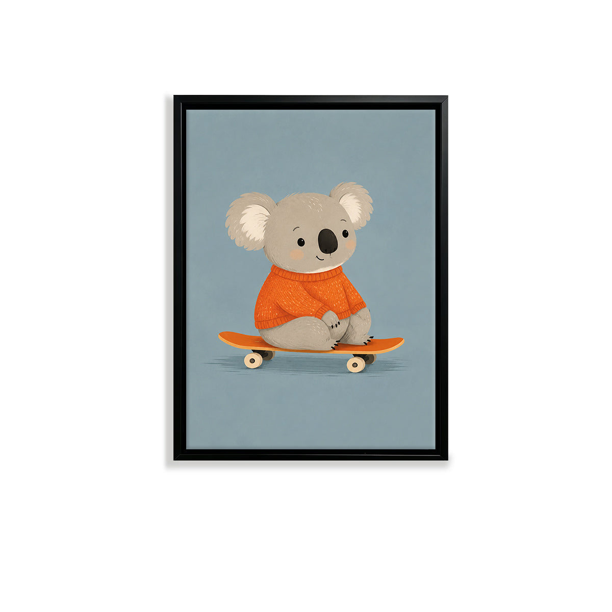 Framed Art Print of a Cute Koala in an Orange Sweater Riding a Skateboard, Perfect for Nursery or Home Decor