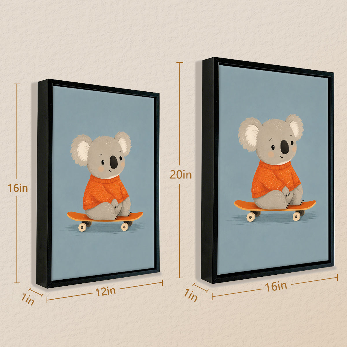 Framed Art Print of a Cute Koala in an Orange Sweater Riding a Skateboard, Perfect for Nursery or Home Decor