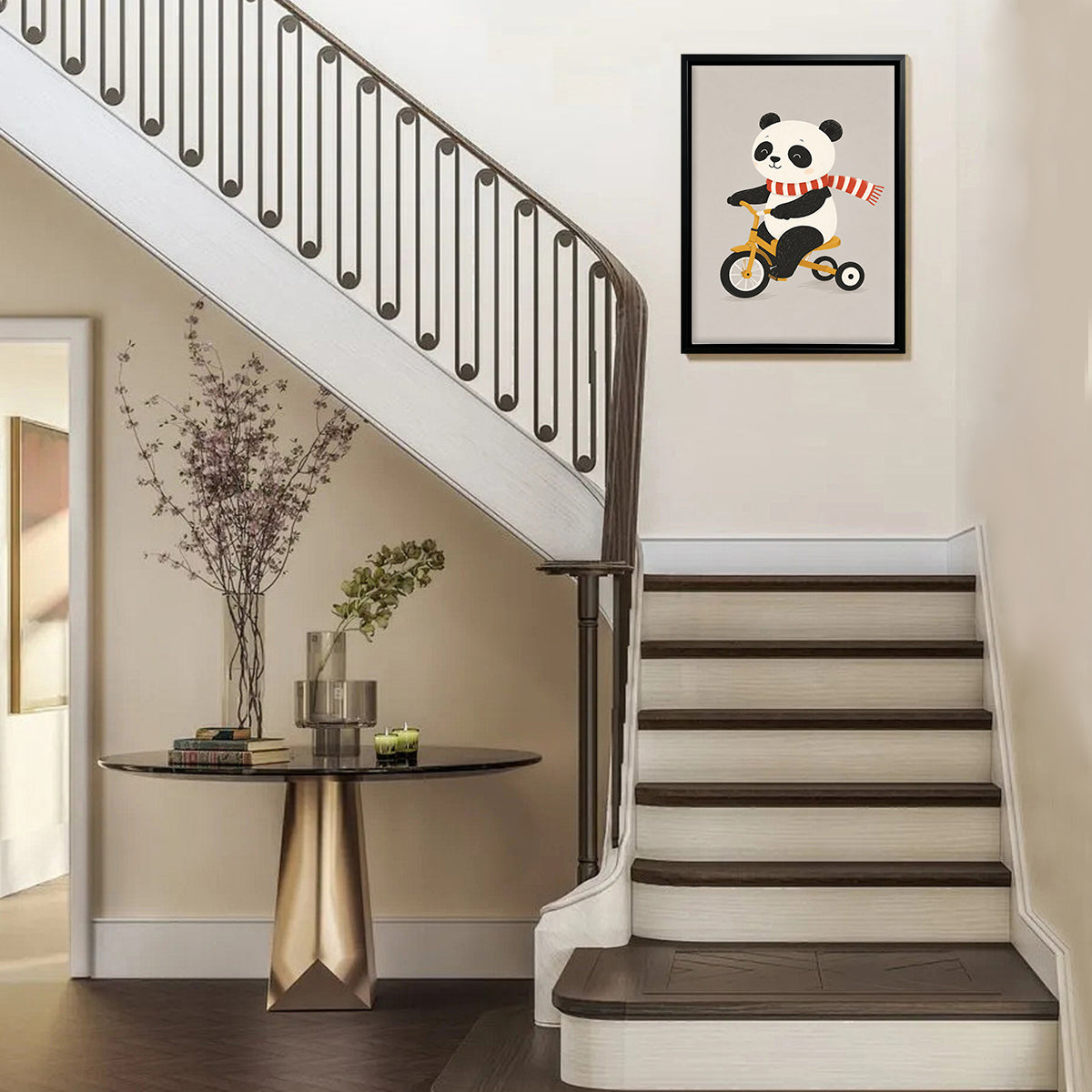 Framed Art Print of Panda Riding Tricycle, Adorable Animal Design, High-Quality Matte Finish, Perfect for Nursery or Home Decor