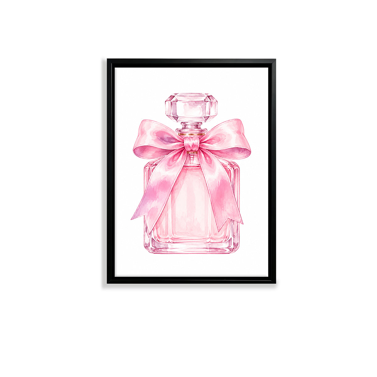 Framed Perfume Bottle Art Print with Pink Bow, Watercolor Style, Perfect Home Decor for Any Room