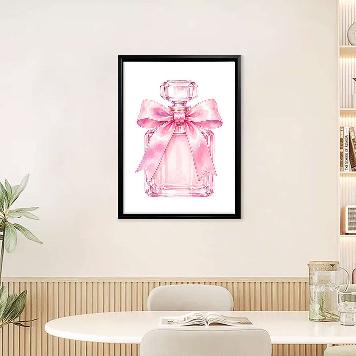 Framed Perfume Bottle Art Print with Pink Bow, Watercolor Style, Perfect Home Decor for Any Room