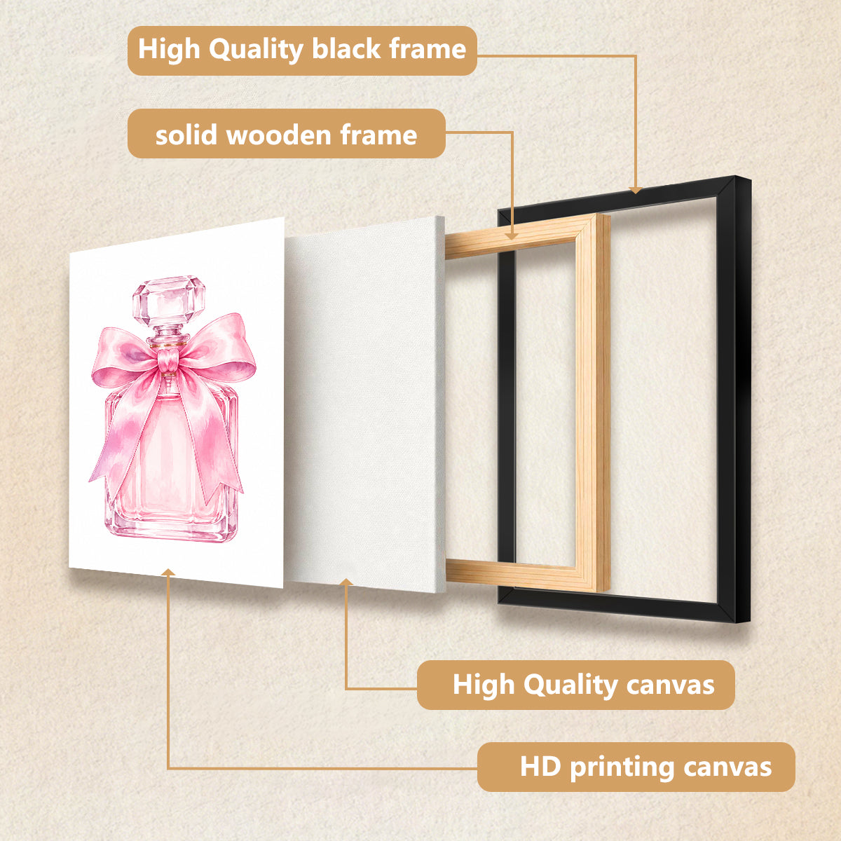 Framed Perfume Bottle Art Print with Pink Bow, Watercolor Style, Perfect Home Decor for Any Room