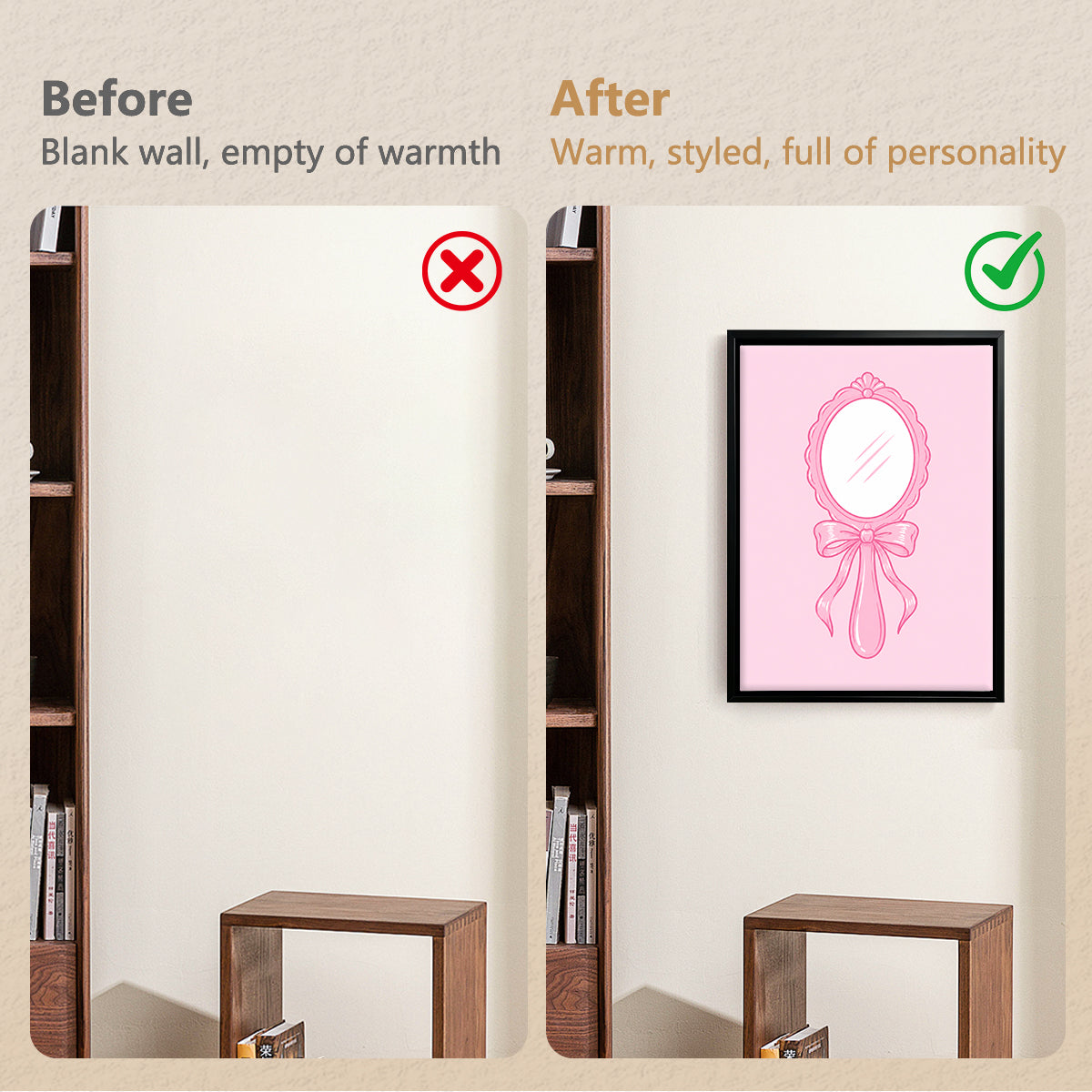 Framed Pink Vintage Mirror Art Print, Elegant Handheld Design, Perfect Home Decor for Any Room