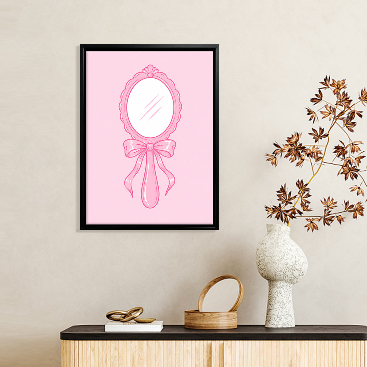Framed Pink Vintage Mirror Art Print, Elegant Handheld Design, Perfect Home Decor for Any Room