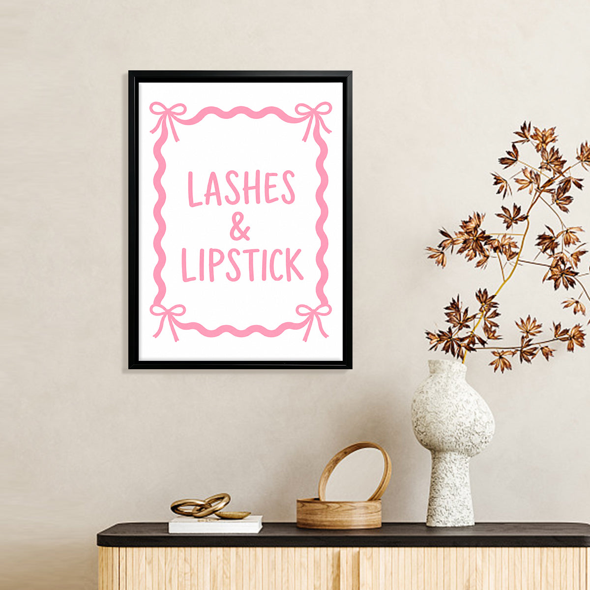 Framed Lashes & Lipstick Art Print, Modern Feminine Design, High-Quality Matte Finish, Perfect Home Decor for Any Room in New York