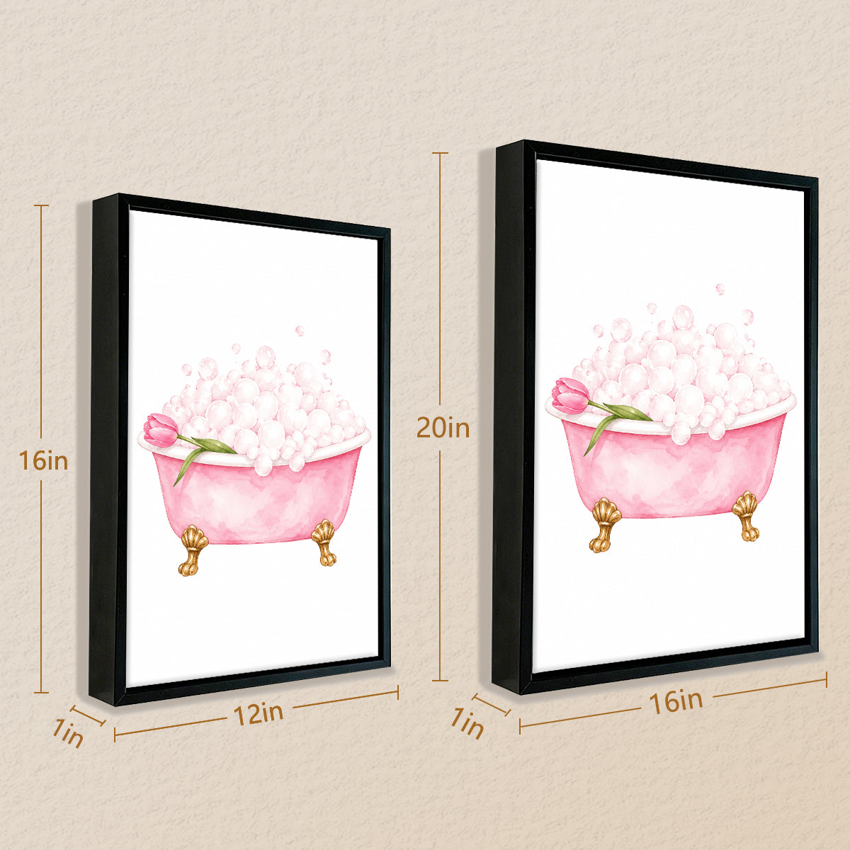 Framed Bathtub with Bubbles and Tulip Watercolor Art Print, Elegant Bathroom Decor, High-Quality Matte Finish