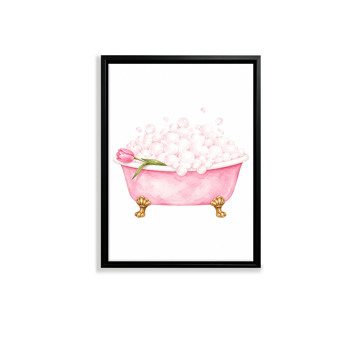 Framed Bathtub with Bubbles and Tulip Watercolor Art Print, Elegant Bathroom Decor, High-Quality Matte Finish