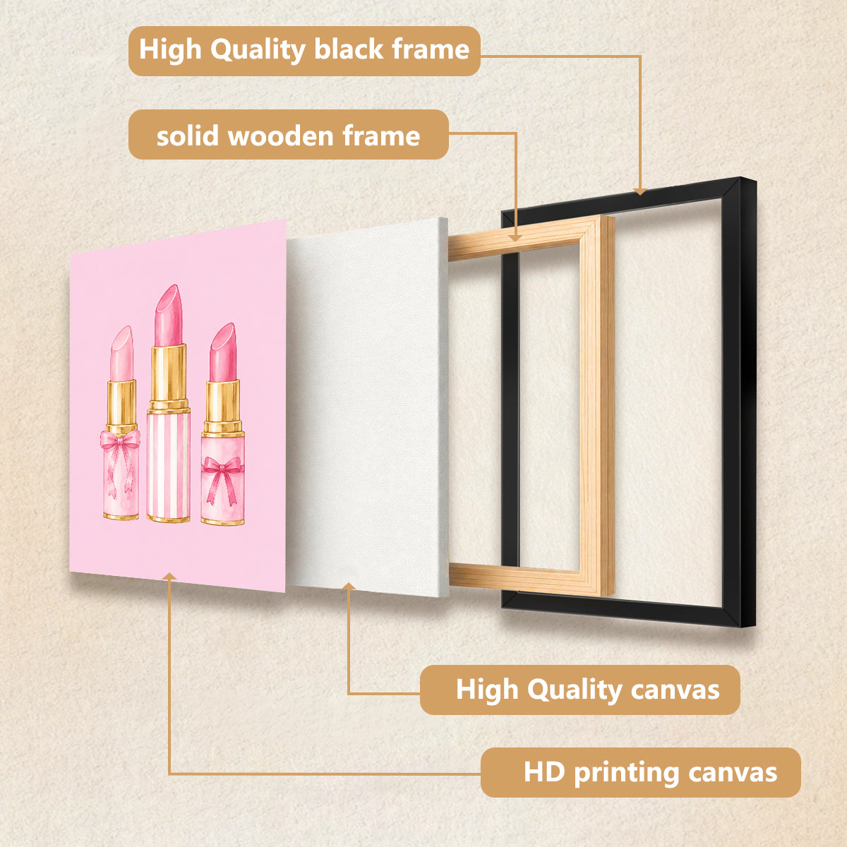 Framed Art Print of Pink Lipsticks with Gold Accents, Perfect for Home Decor in Any Room