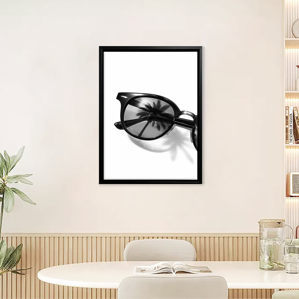 Black Sunglasses with Palm Tree Reflection Art Print, Modern Minimalist Framed Wall Decor for Home or Office