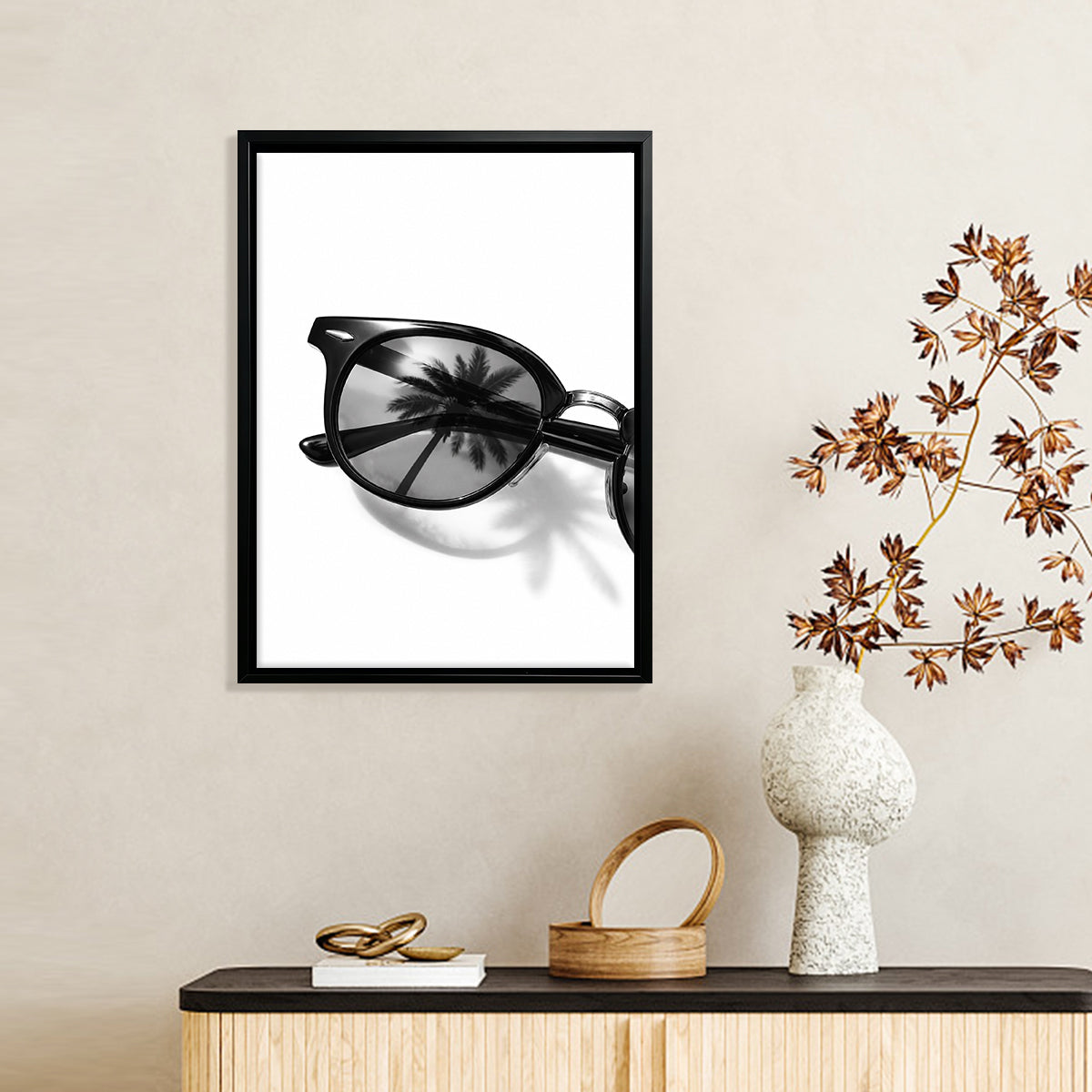 Black Sunglasses with Palm Tree Reflection Art Print, Modern Minimalist Framed Wall Decor for Home or Office