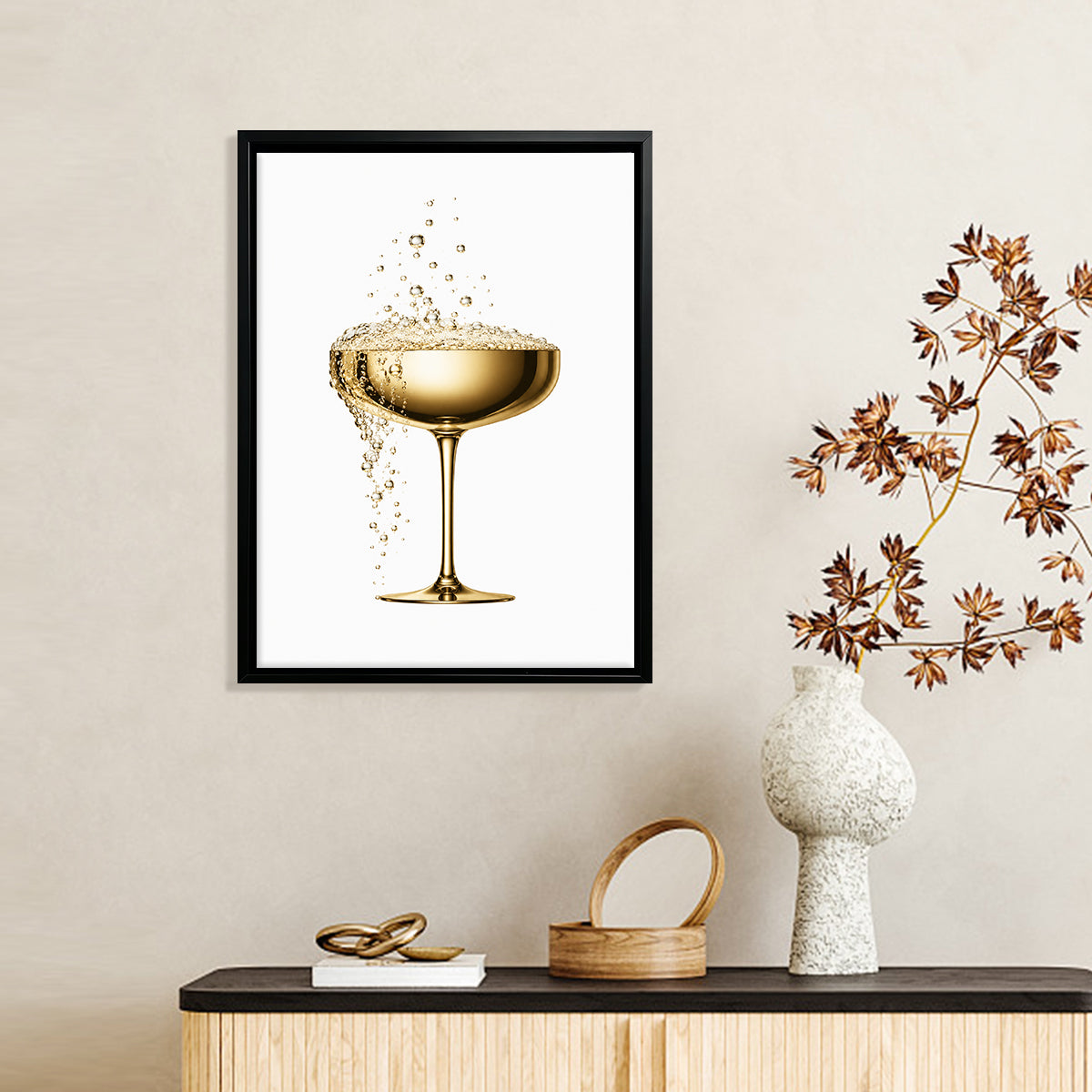 Modern Golden Champagne Glass Art Print, Elegant Design for Home Decor, Perfect Gift for Any Occasion