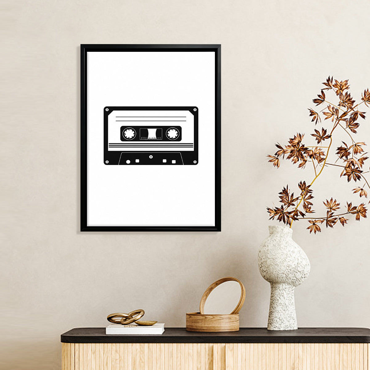Framed Cassette Tape Art Print, Retro Style, High-Quality Black and White Design, Perfect for Home Decor in California